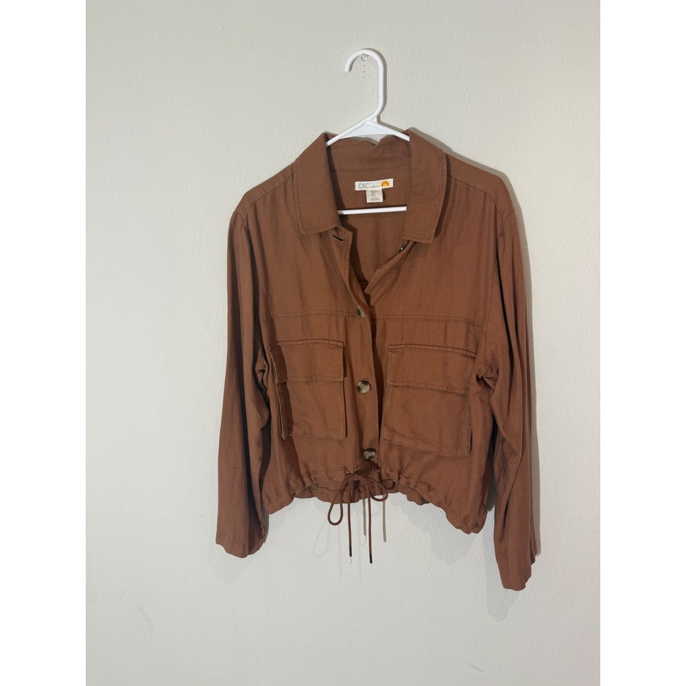 C&C California Brown Utility Jacket Cropped Drawstring Button Front Women XS